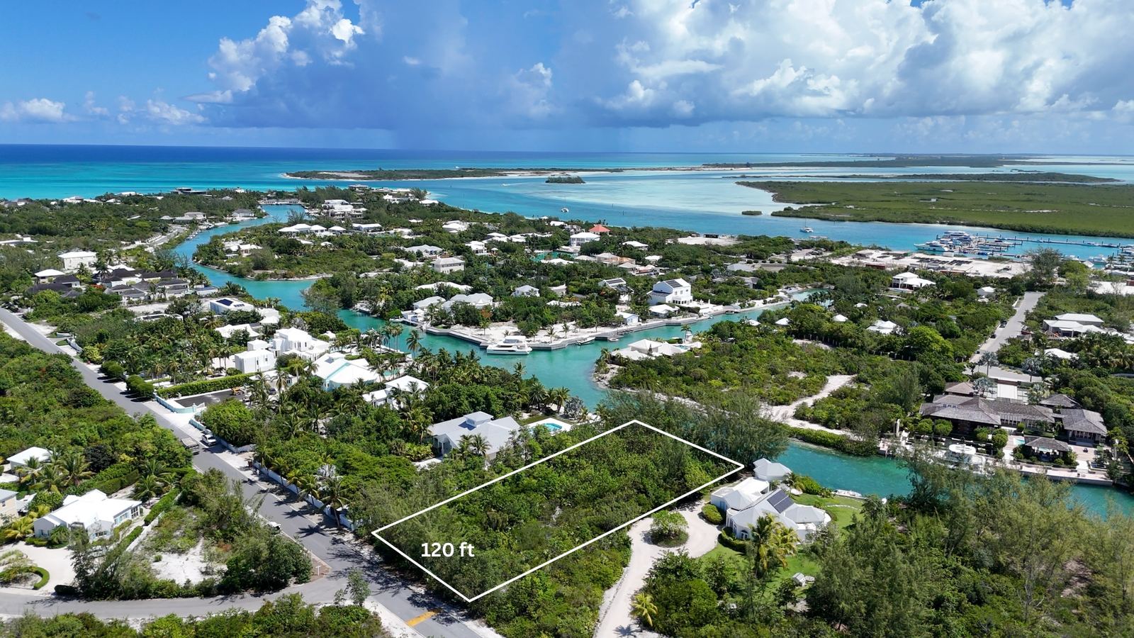 The lot on Caravel Avenue, with the Leeward canals, the marina and the cays beyond