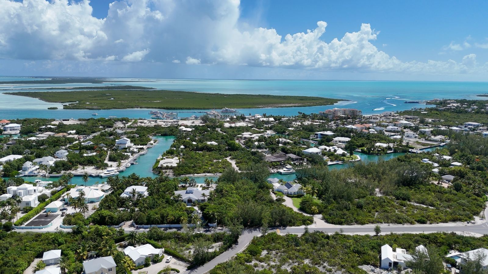 Leeward from the air, with the canals and the cays beyond